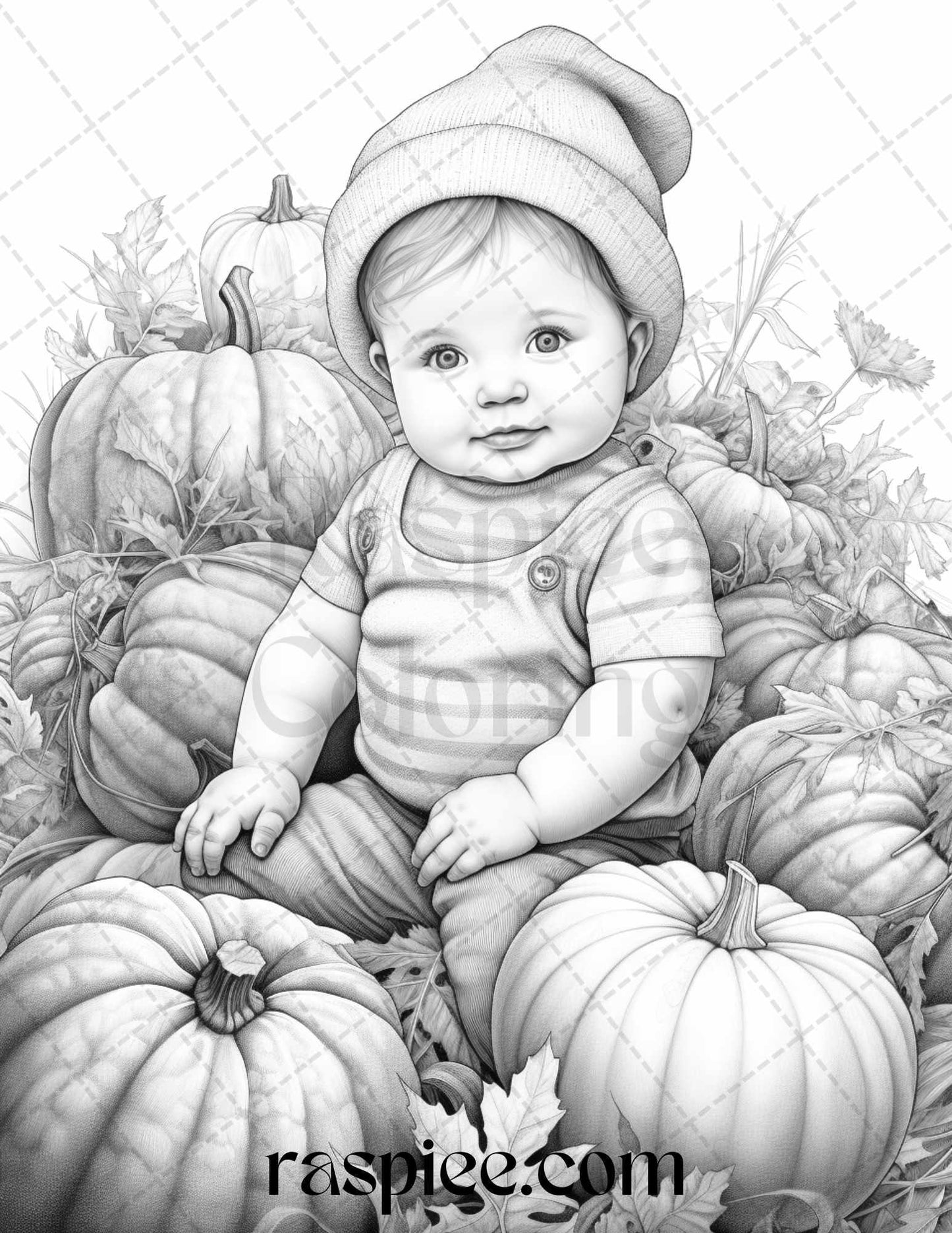 40 Pumpkin Babies Grayscale Coloring Pages for Adults and Kids, Printable PDF File Instant Download