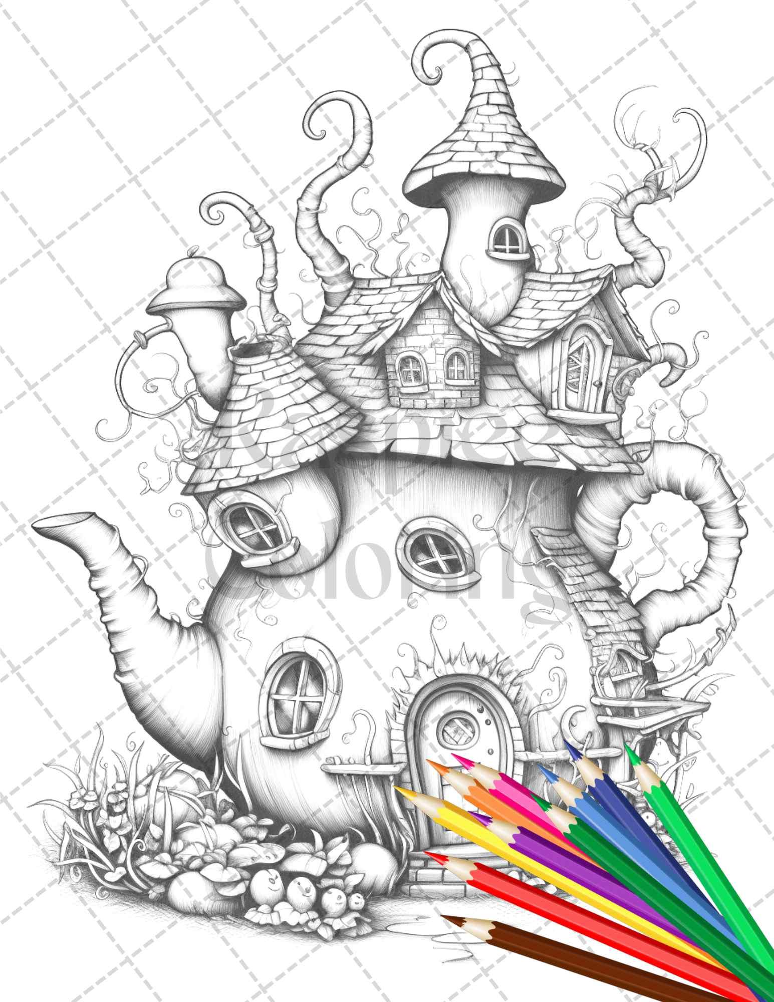 40 Teapot Fairy Houses Grayscale Coloring Pages Printable for Adults, PDF File Instant Download