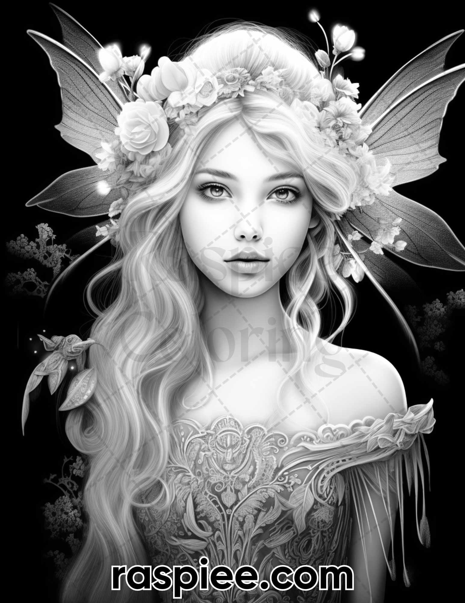 50 Starlight Fairy Grayscale Coloring Pages for Adults, Printable PDF File Instant Download