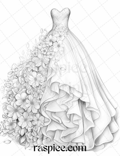 40 Elegant Floral Wedding Dresses Grayscale Coloring Pages Printable for Adults, PDF File Instant Download