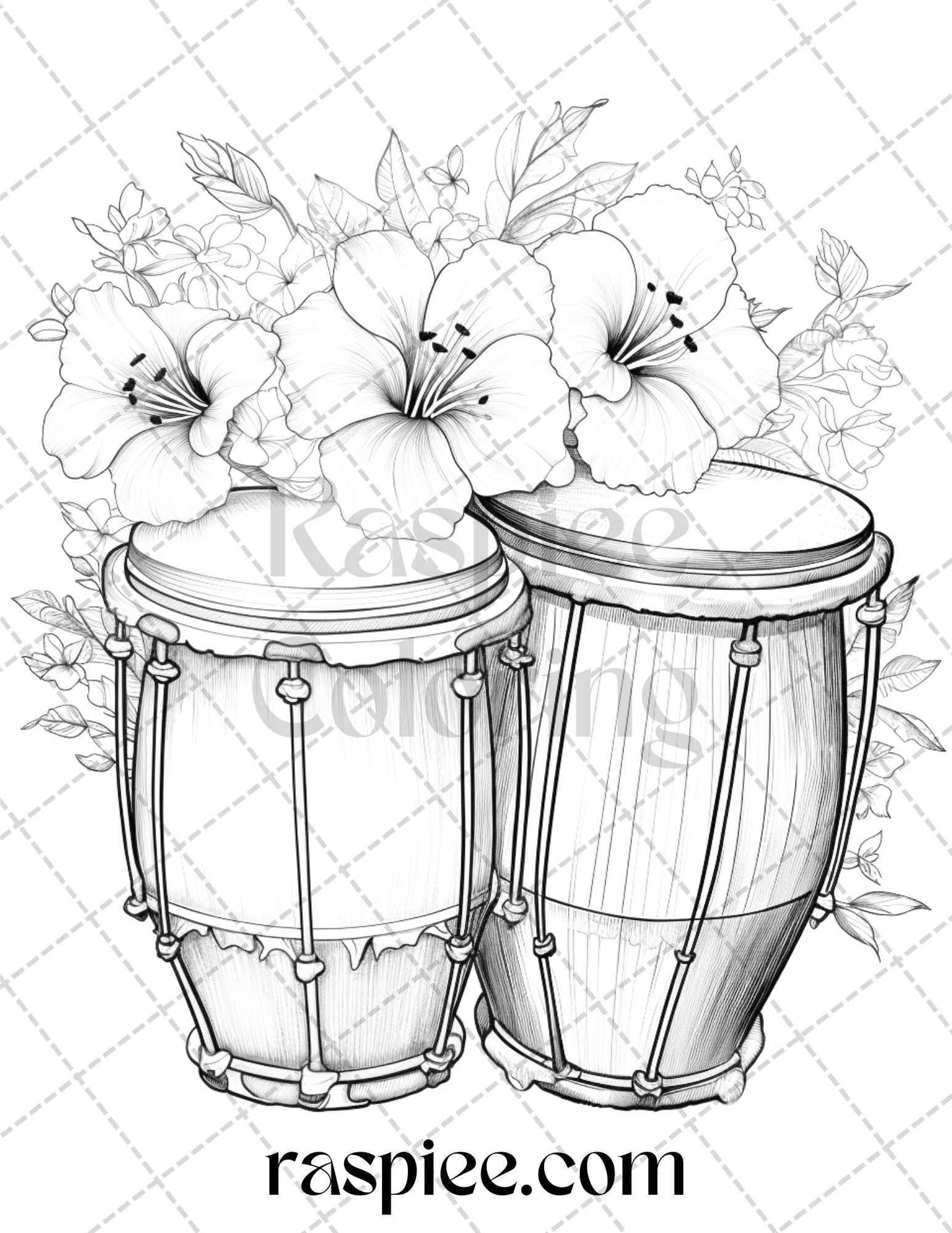 30 Musical Instrument Flower Grayscale Coloring Pages Printable for Adults, PDF File Instant Download