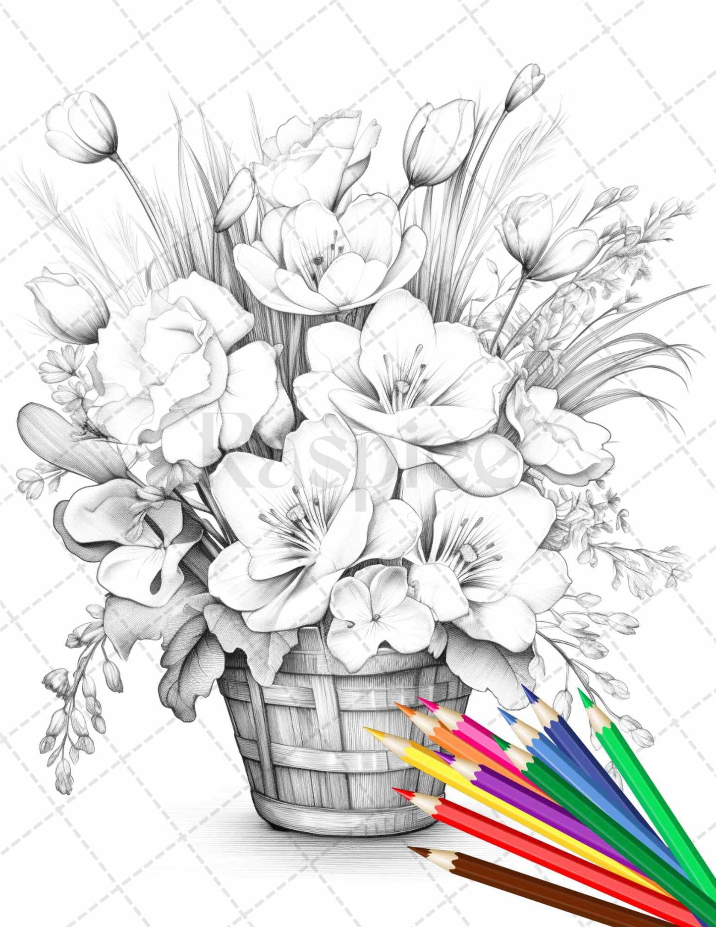 30 Flower Baskets Grayscale Coloring Pages for Adults, PDF File Instant Download