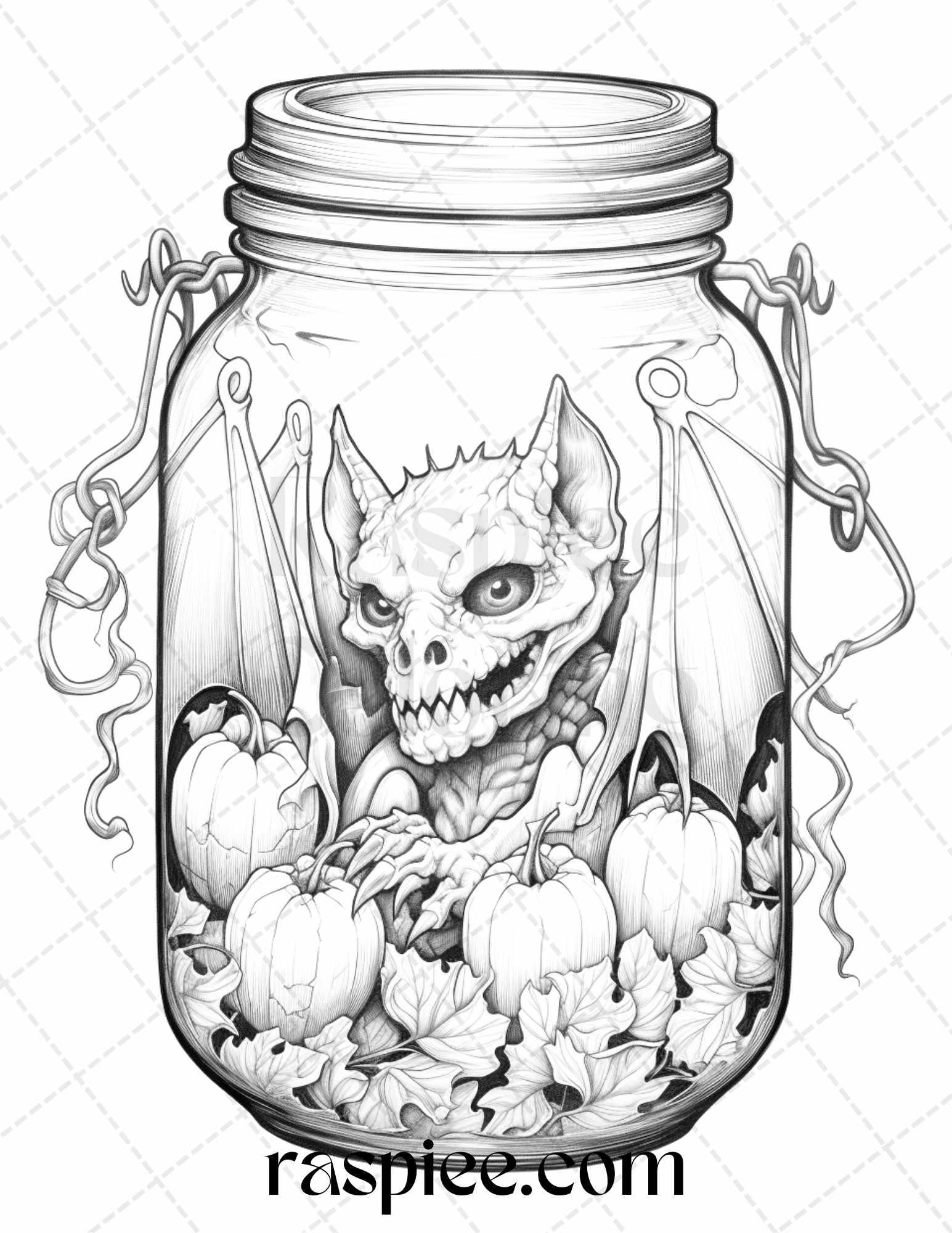 40 Halloween in Jar Grayscale Coloring Pages for Adults, Printable PDF File Instant Download