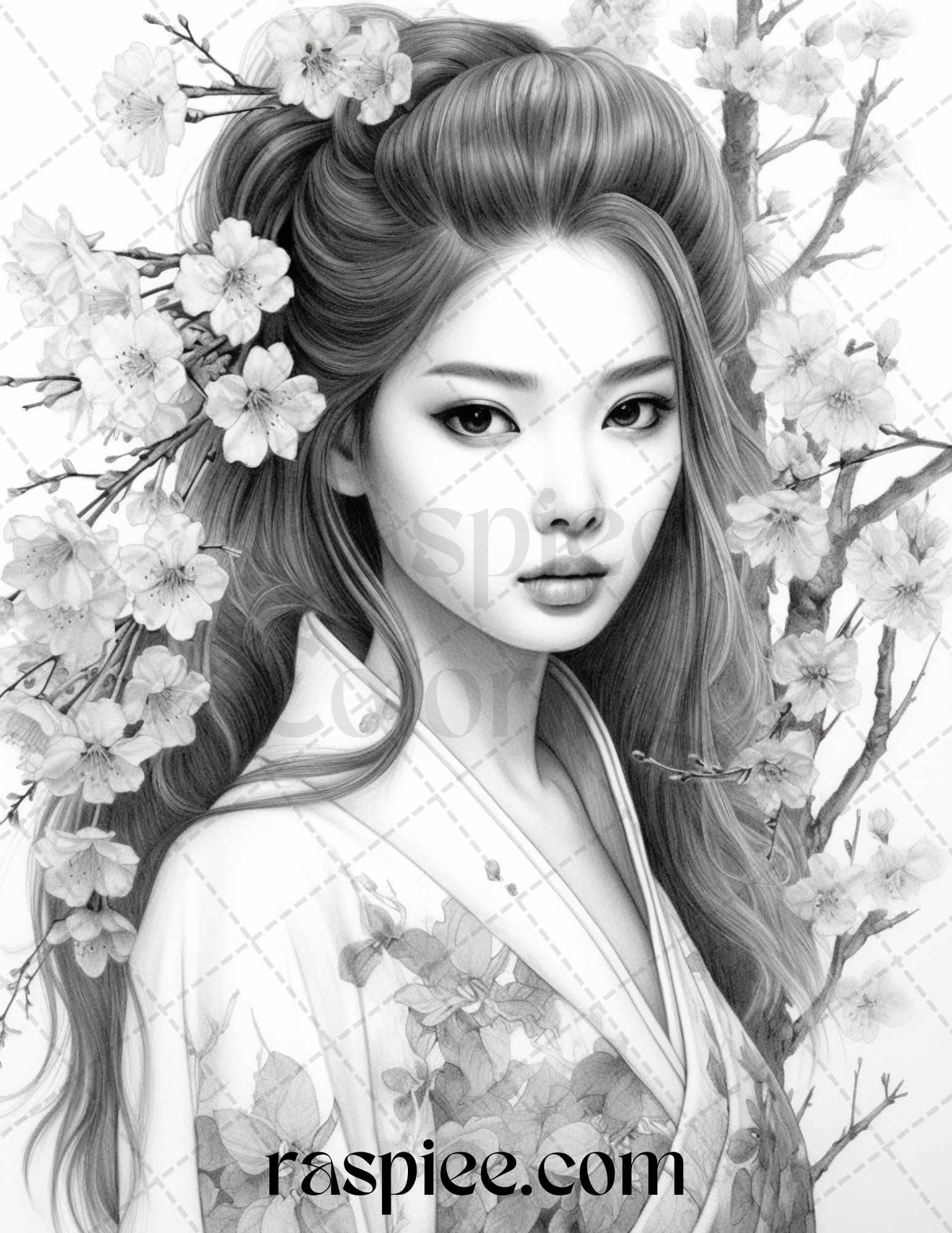 40 Beautiful Japanese Girls Grayscale Coloring Pages Printable for Adults, PDF File Instant Download