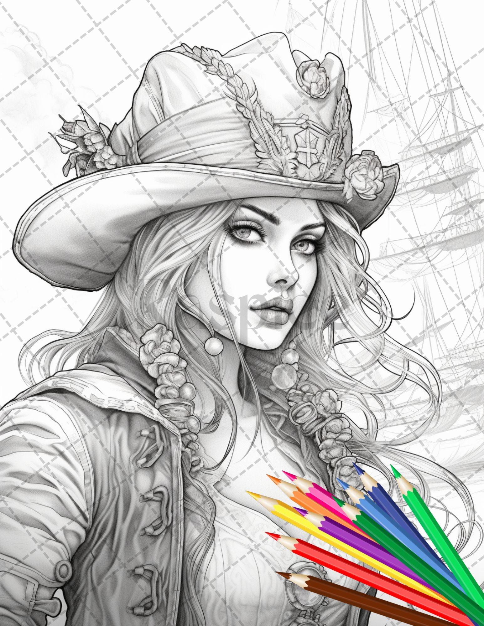 48 Beautiful Pirate Princess Coloring Book Printable for Adults, Grayscale Coloring Page, PDF File Instant Download