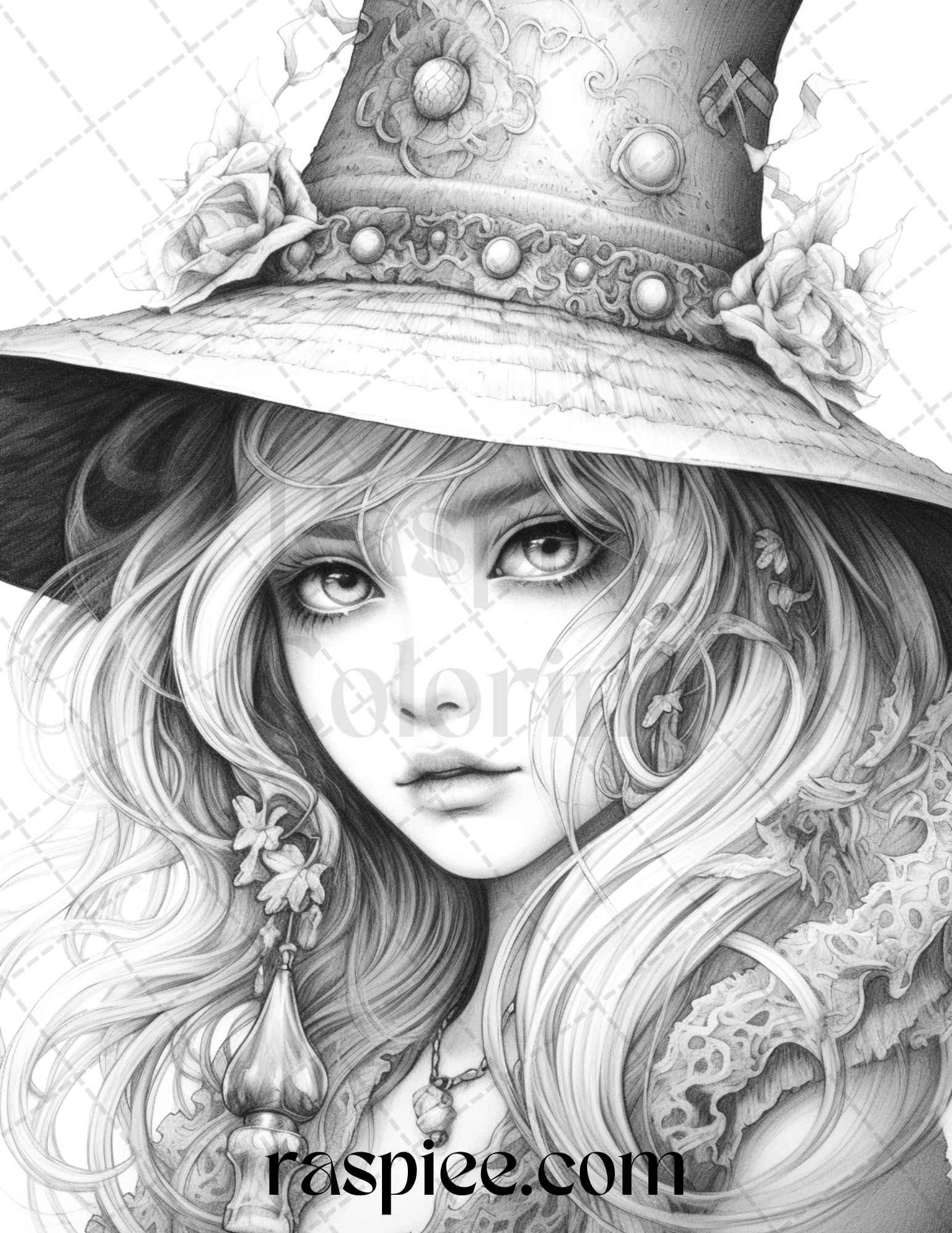 40 Beautiful Witches Grayscale Coloring Pages Printable for Adults, PDF File Instant Download