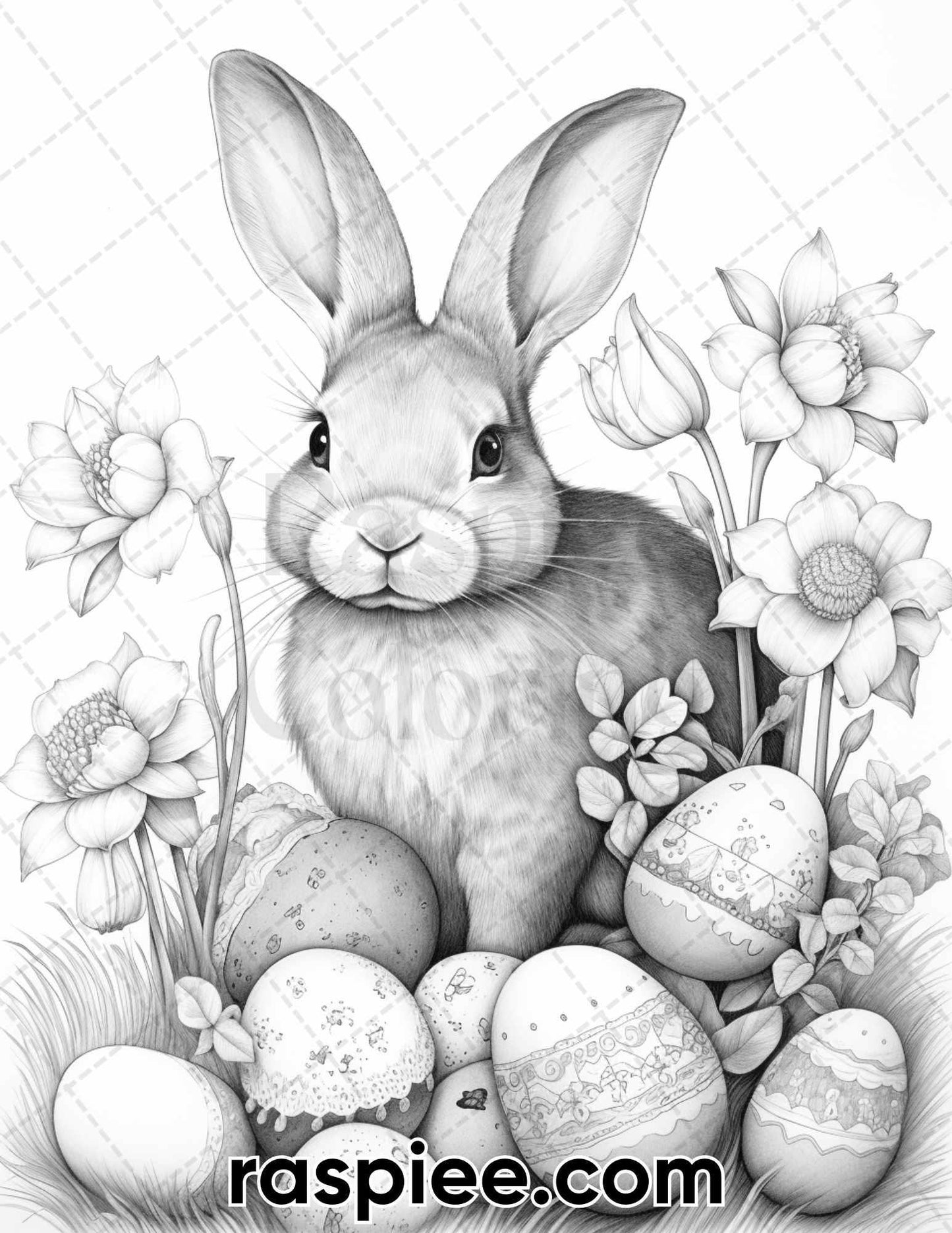 40 Easter Bunny Grayscale Adult Coloring Pages, Printable PDF Instant Download