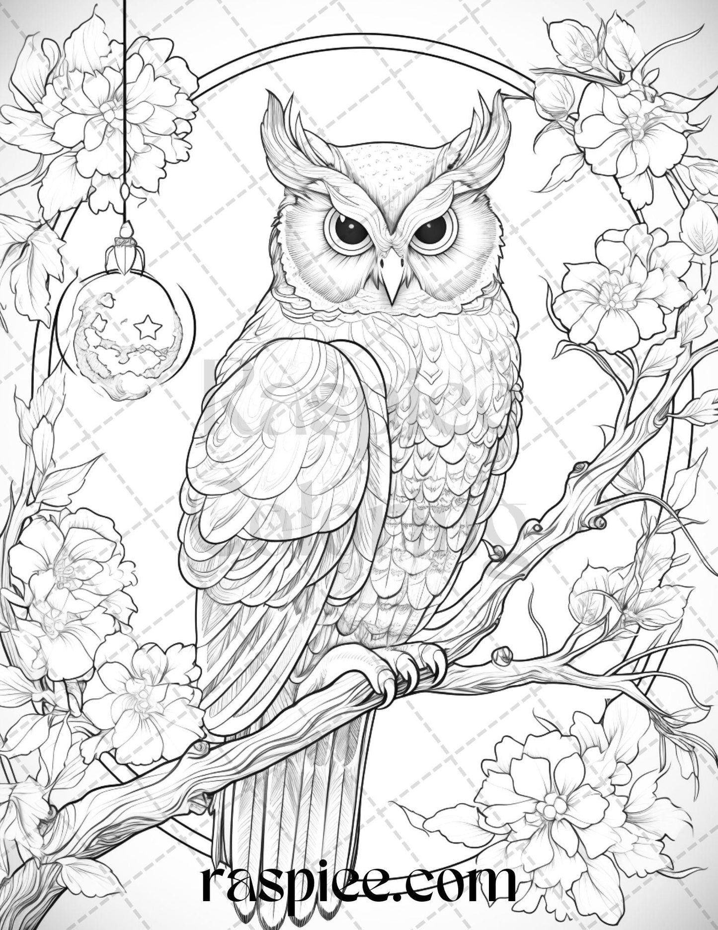 40 Floral Owl Grayscale Printable Coloring Pages for Adults, PDF File Instant Download