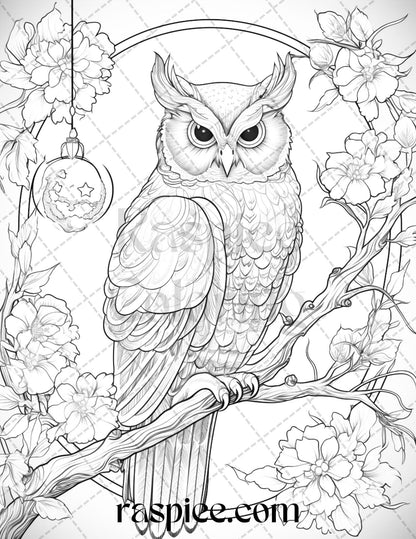 40 Floral Owl Grayscale Printable Coloring Pages for Adults, PDF File Instant Download