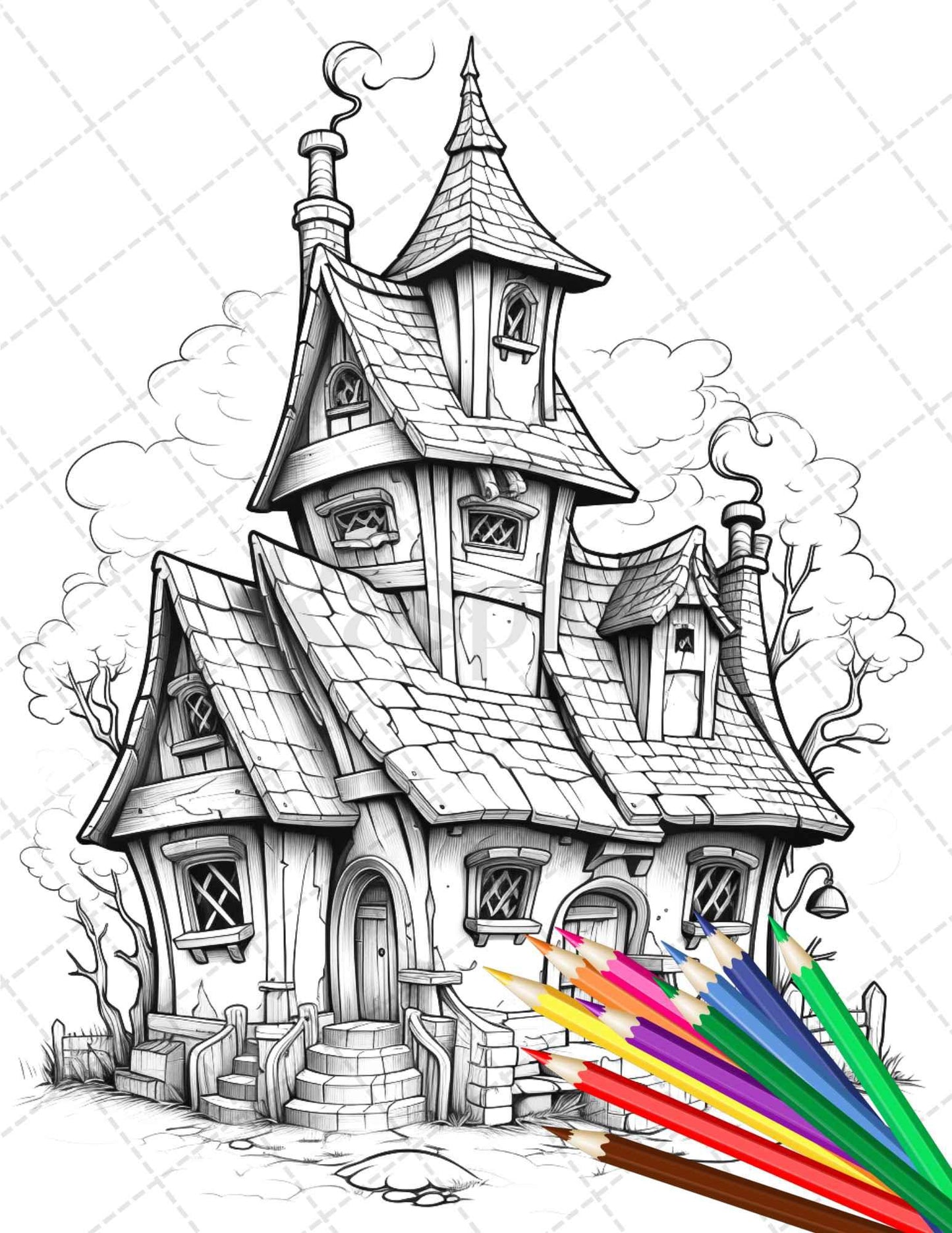 32 Spooky Houses Coloring Pages Printable for Adults, Grayscale Coloring Page, PDF File Instant Download