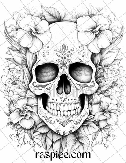 42 Floral Skull Grayscale Coloring Pages for Adults, Stress Relief Coloring Sheets, Printable PDF File Instant Download