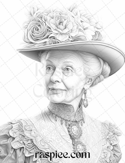 50 Victorian Grandma Grayscale Coloring Pages Printable for Adults, PDF File Instant Download