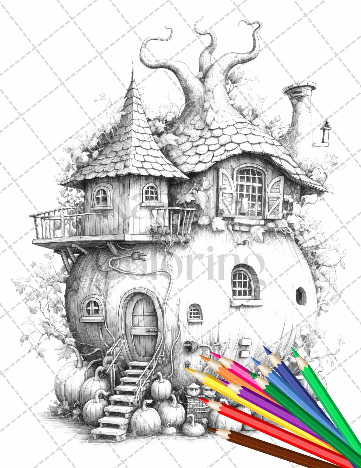 40 Pumpkin Fairy Houses Grayscale Coloring Pages Printable for Adults, PDF File Instant Download