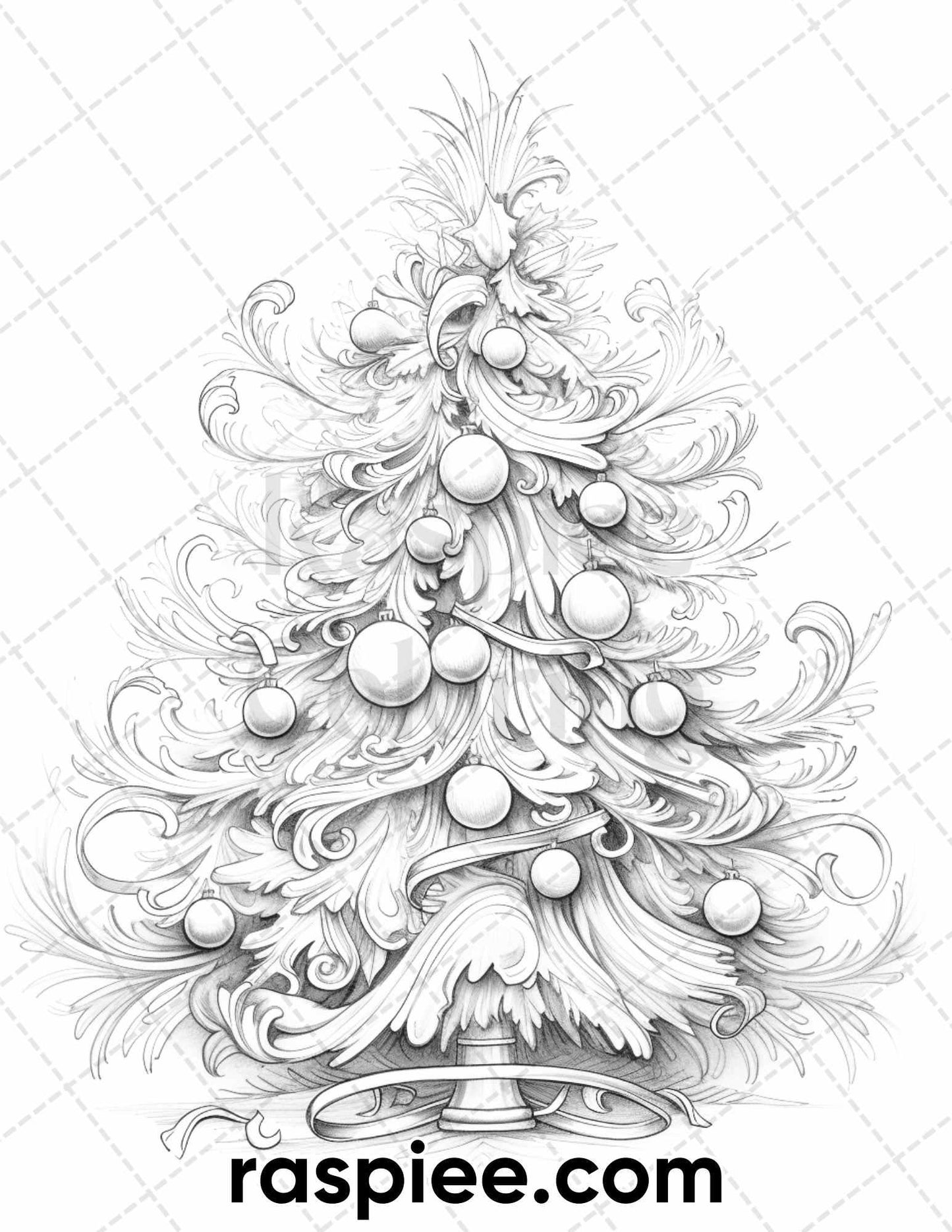 40 Christmas Tree Grayscale Coloring Pages for Adults, Printable PDF Instant Download