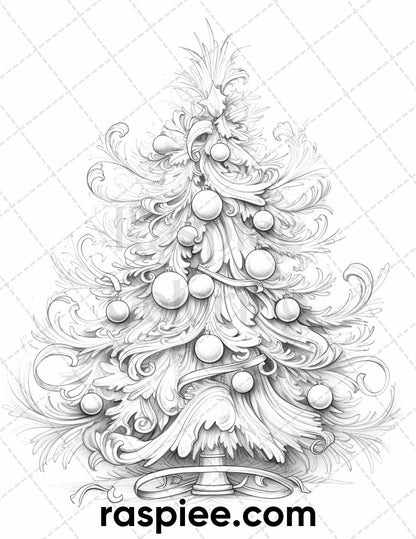 40 Christmas Tree Grayscale Coloring Pages for Adults, Printable PDF Instant Download