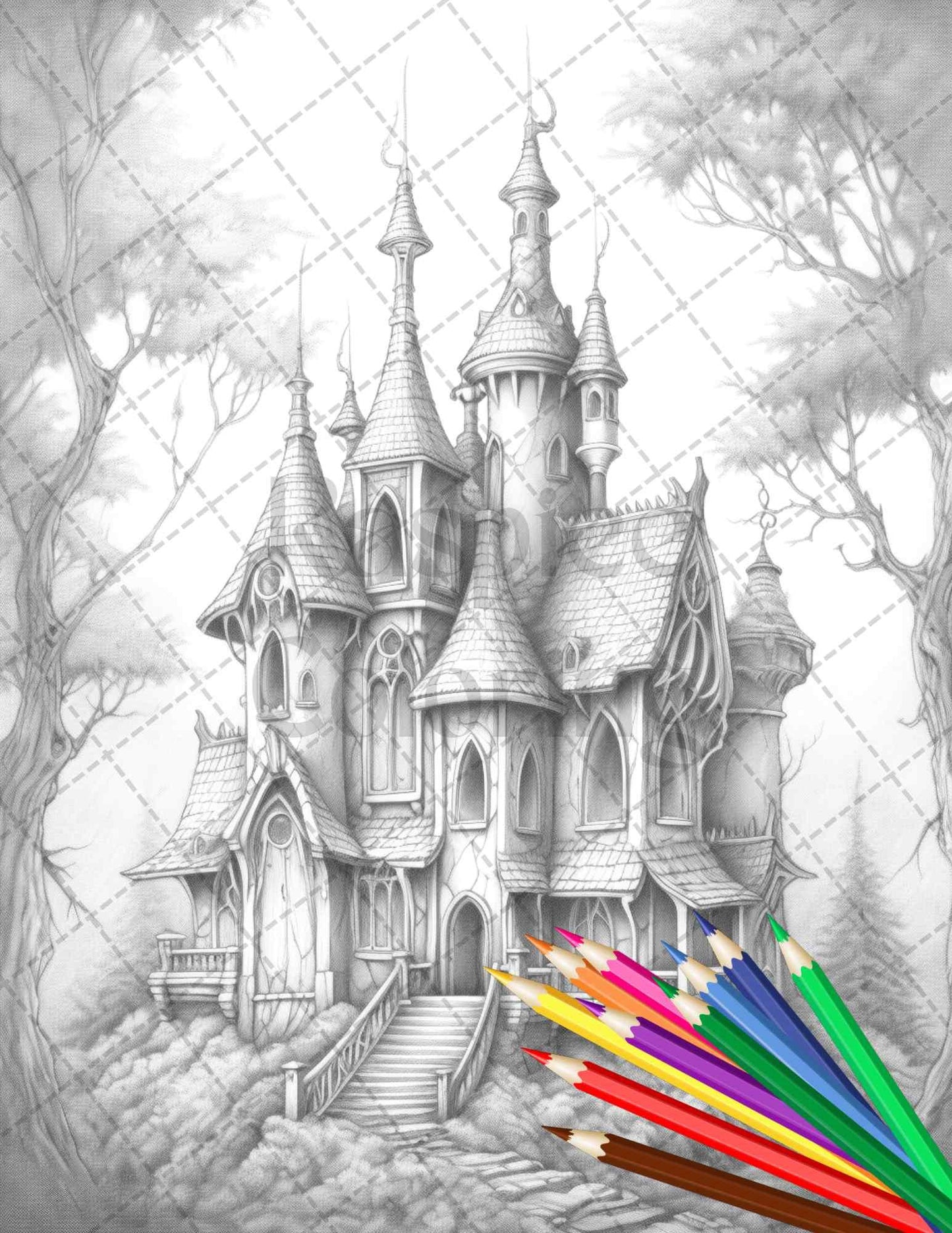 40 Creepy Gothic Houses Grayscale Coloring Pages Printable for Adults, PDF File Instant Download