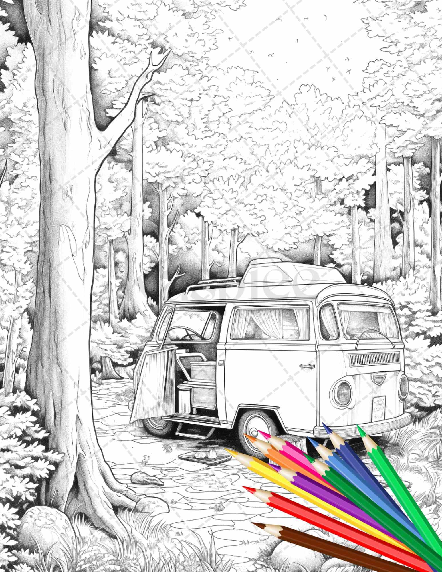 30 Campervan Adventure Grayscale Coloring Pages Printable for Adults, PDF File Instant Download