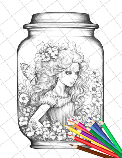 40 Beautiful Fairies in Jar Grayscale Coloring Pages Printable for Adults, PDF File Instant Download