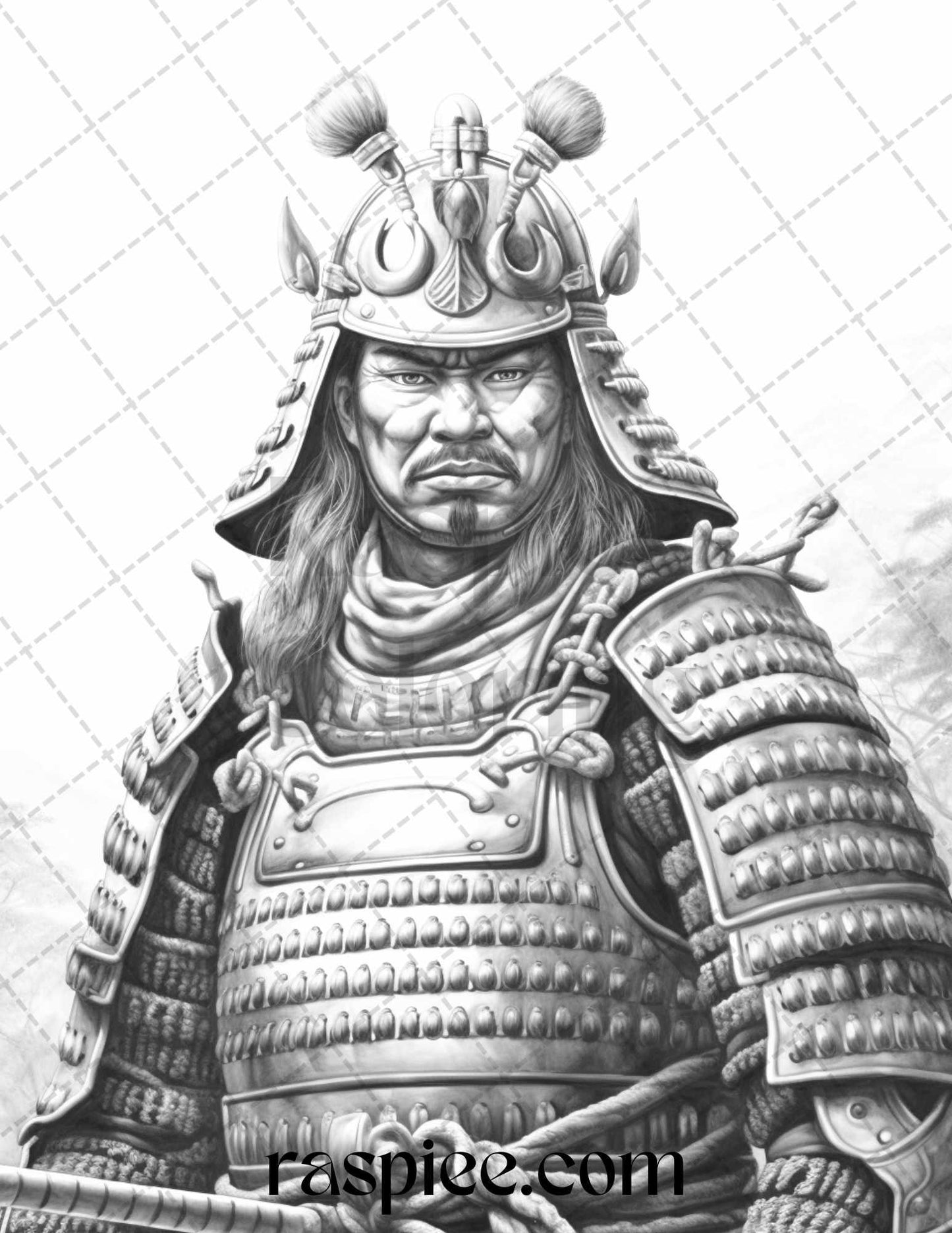 42 Japanese Samurai Grayscale Coloring Pages for Adults, Printable PDF File Instant Download