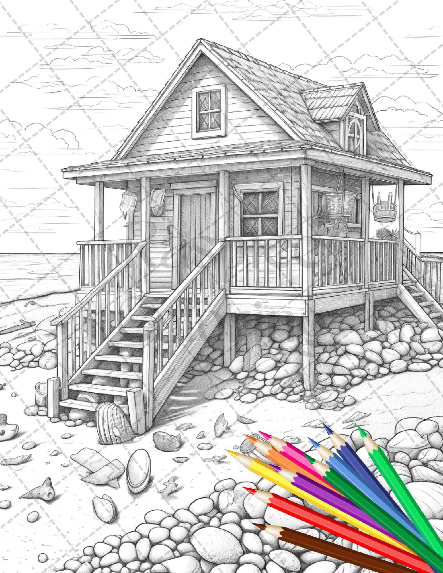 42 Wooden Beach Houses Grayscale Coloring Pages Printable for Adults, PDF File Instant Download