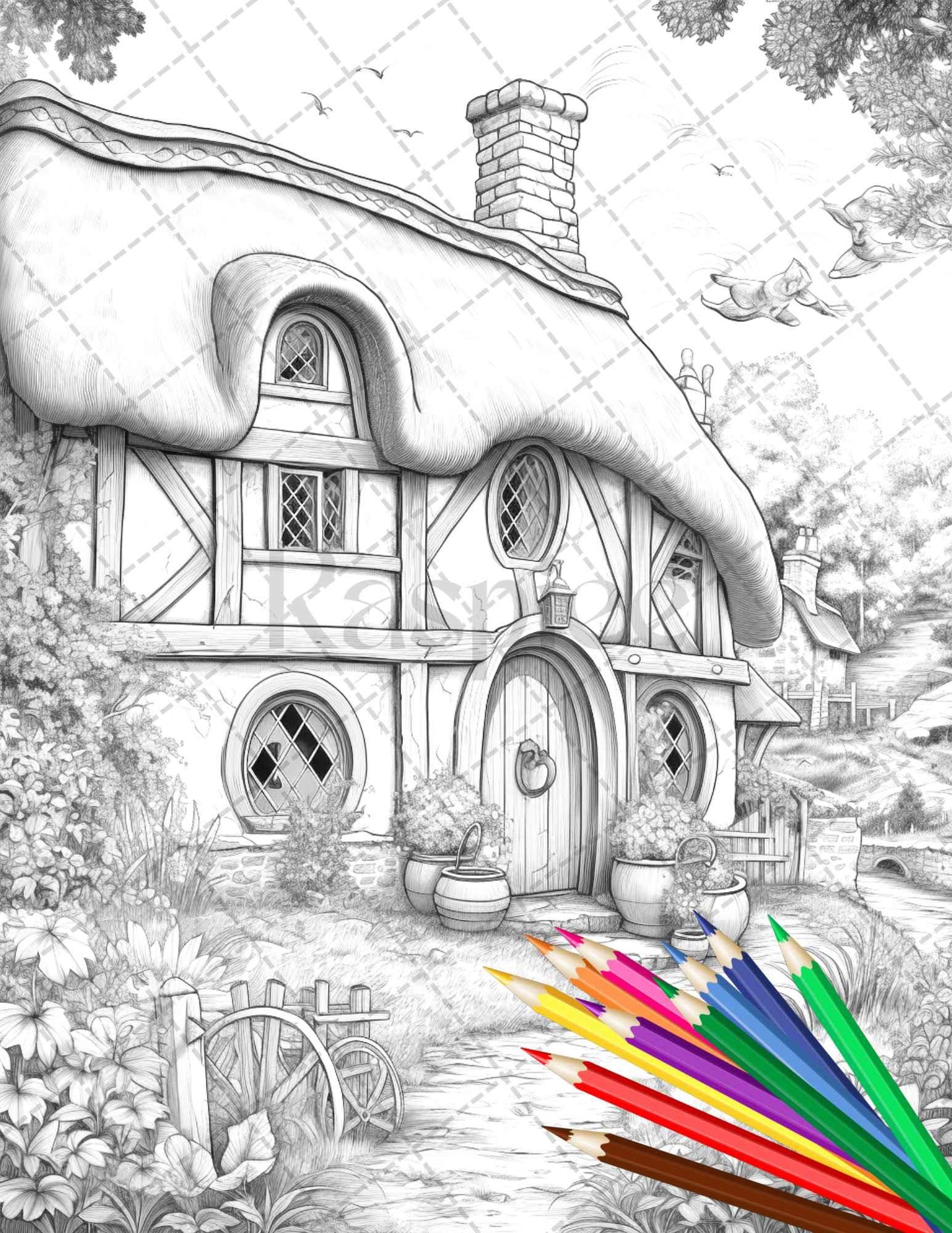 43 Enchanted Hobbiton Houses Grayscale Coloring Pages Printable for Adults, PDF File Instant Download