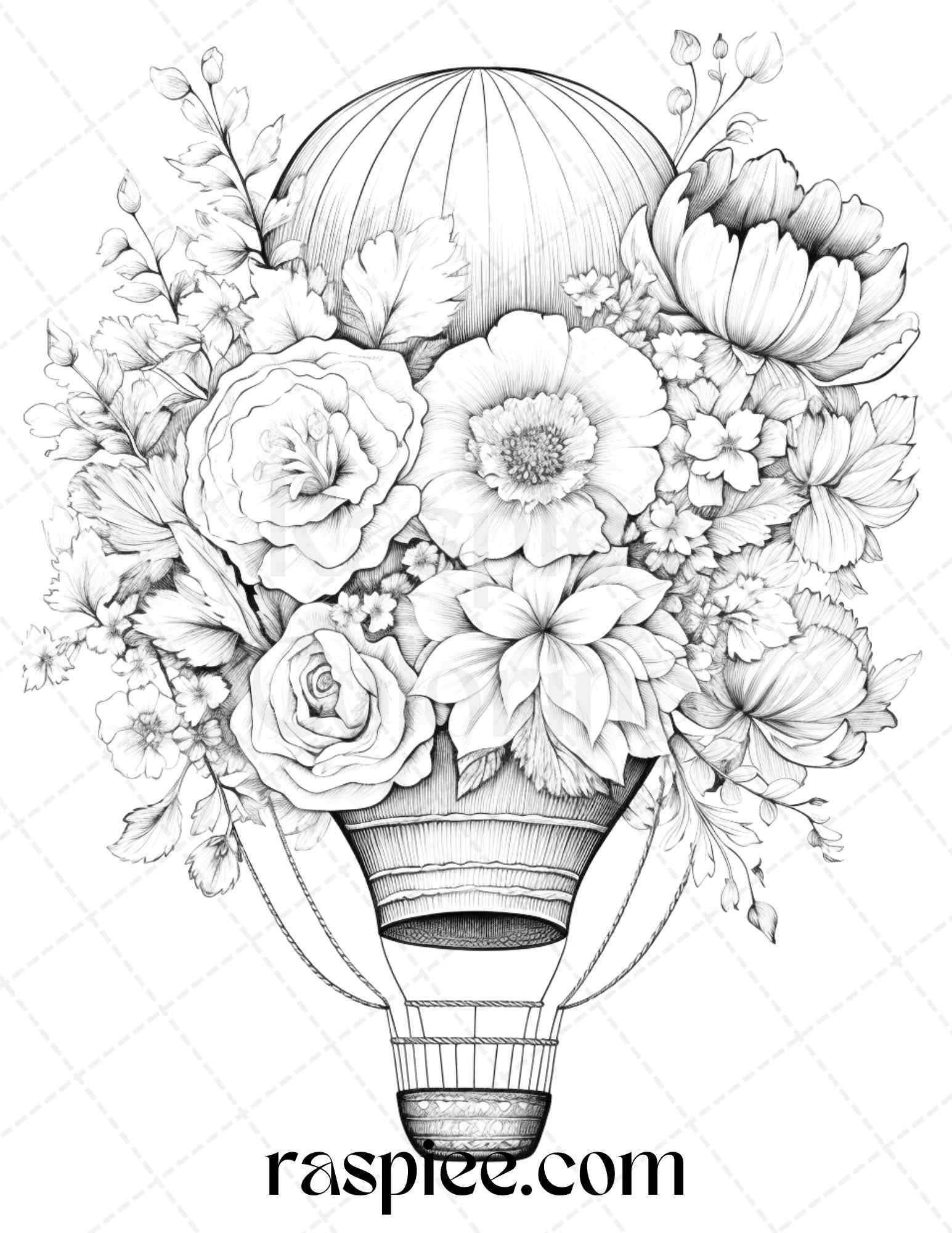 42 Flower Hot Air Balloons Grayscale Coloring Pages Printable for Adults, PDF File Instant Download