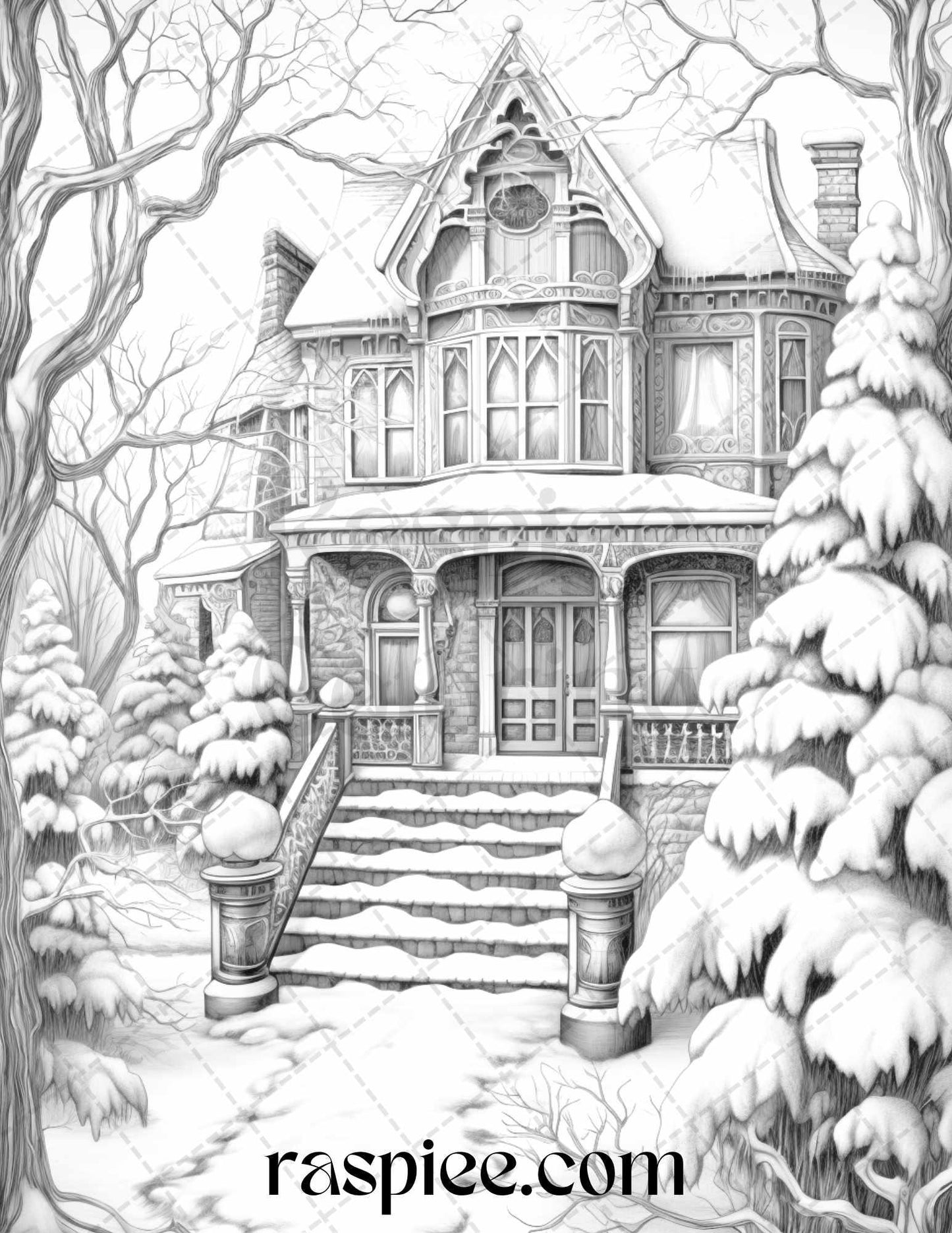 42 Fantasy Christmas Houses Grayscale Coloring Pages Printable for Adults, PDF File Instant Download