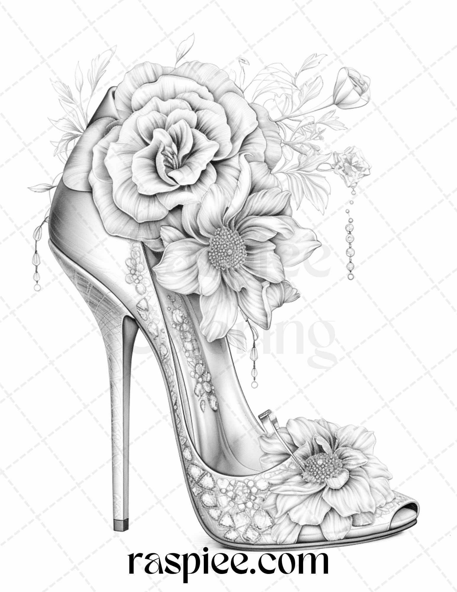 40 Flower Wedding Shoes Grayscale Coloring Pages Printable for Adults, PDF File Instant Download