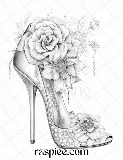 40 Flower Wedding Shoes Grayscale Coloring Pages Printable for Adults, PDF File Instant Download