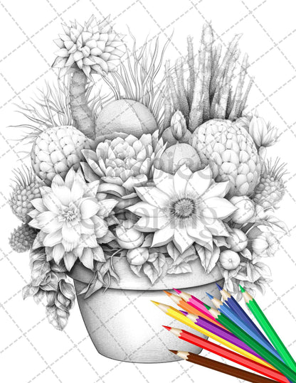 40 Charming Cactus Pots Grayscale Coloring Pages Printable for Adults, PDF File Instant Download