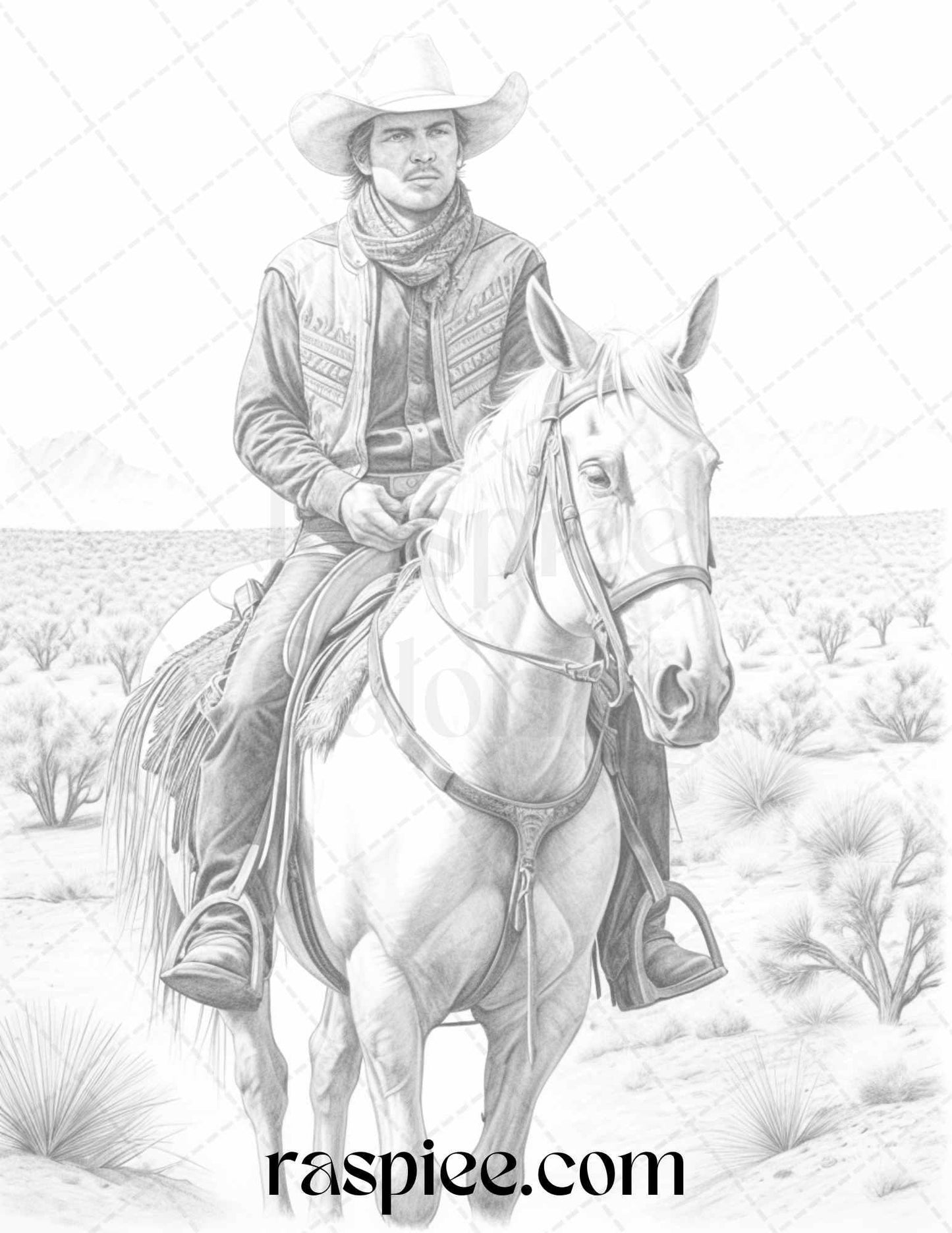 45 Wild West Cowboys Grayscale Coloring Pages Printable for Adults, PDF File Instant Download