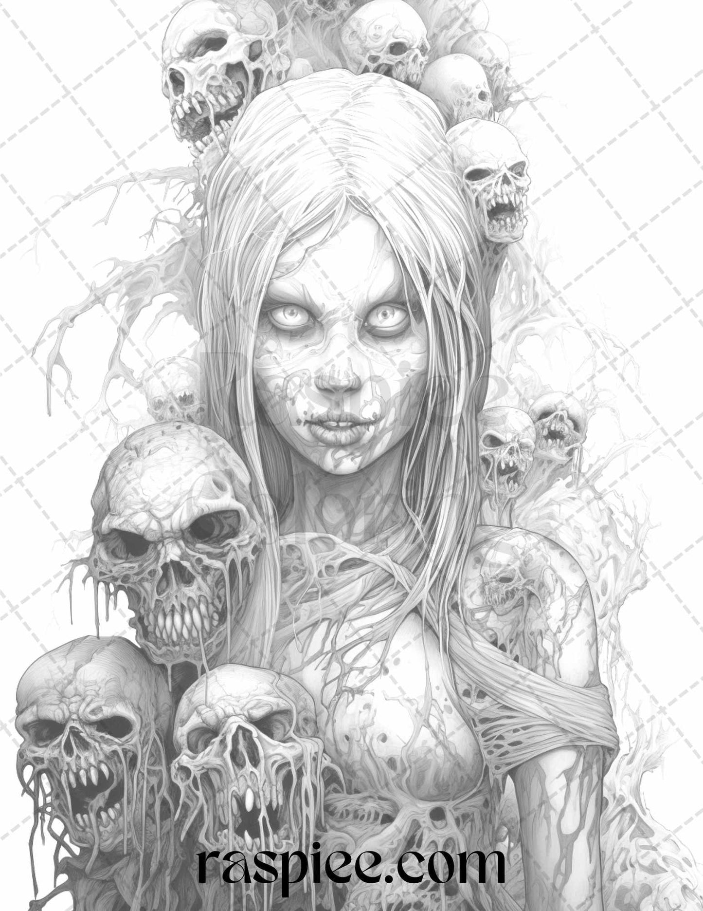 40 Scary Zombie Girls Grayscale Coloring Pages Printable for Adults, PDF File Instant Download