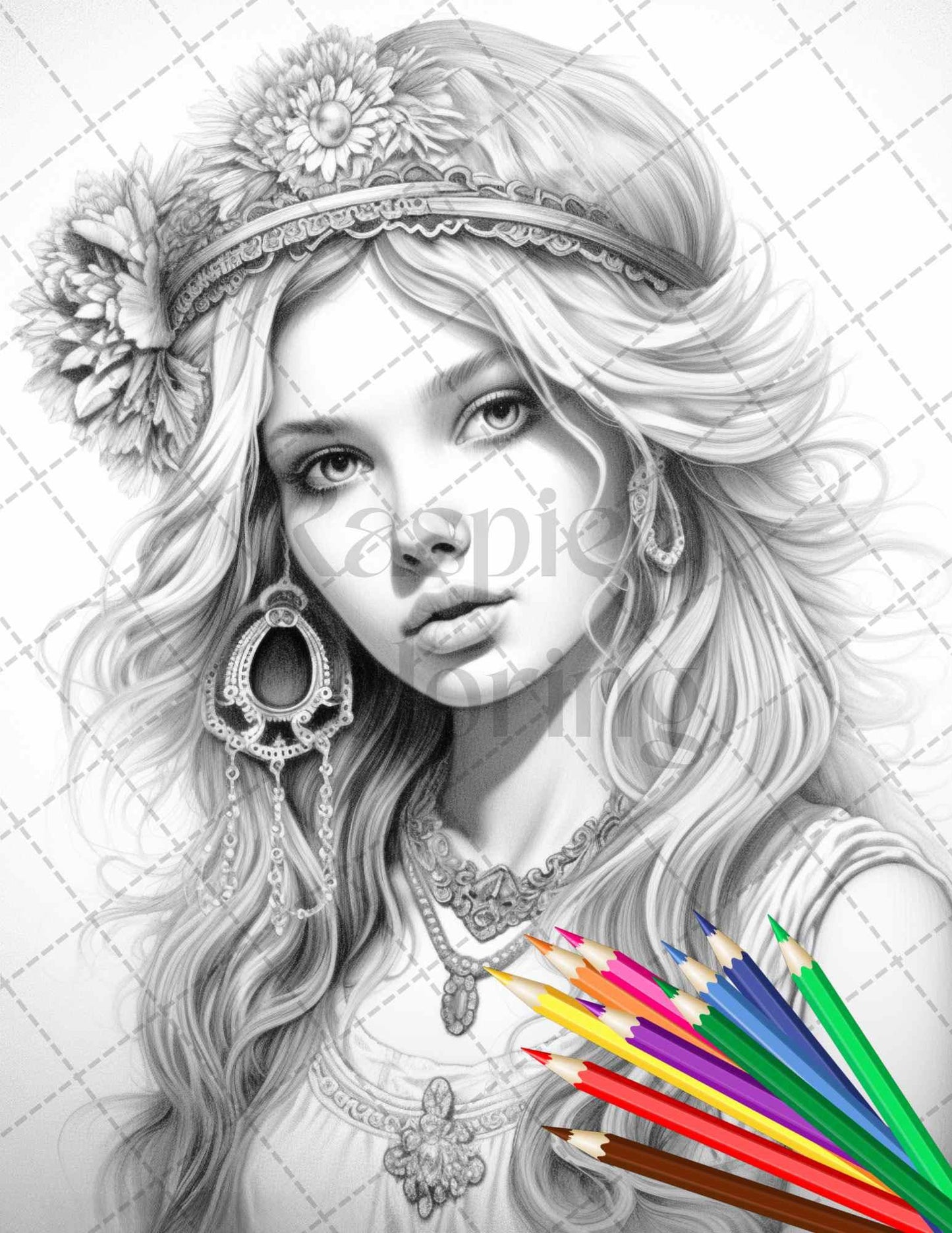 43 Beautiful Hippie Girls Grayscale Coloring Pages Printable for Adults, PDF File Instant Download