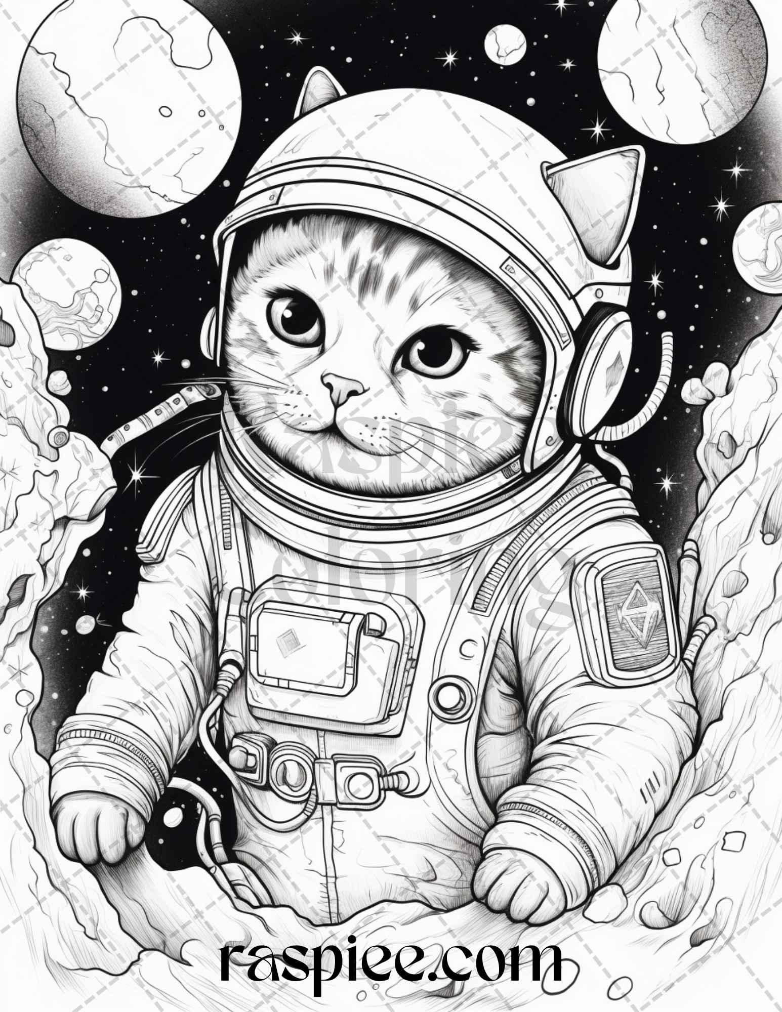 40 Cat Astronaut Grayscale Coloring Pages Printable for Adults Kids, PDF File Instant Download