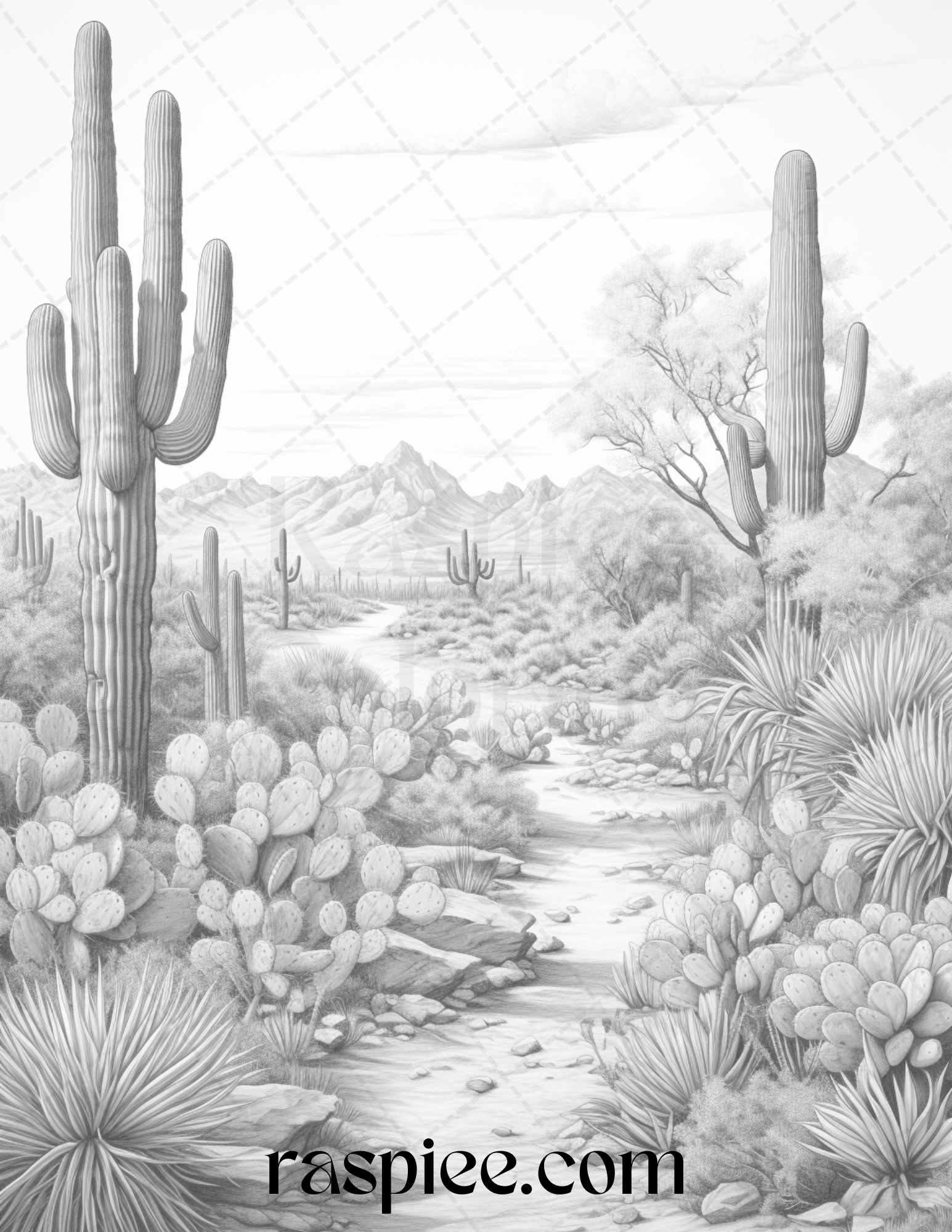 40 Desert Landscapes Grayscale Coloring Pages Printable for Adults, PDF File Instant Download