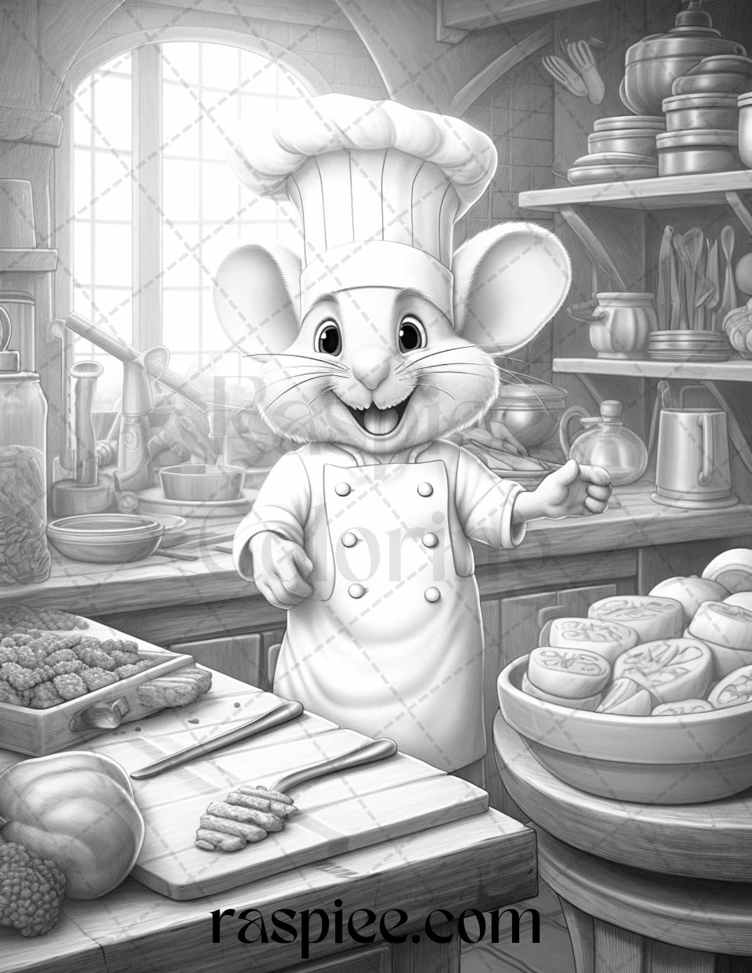 45 Mouse Chef Grayscale Coloring Pages Printable for Adults, PDF File Instant Download