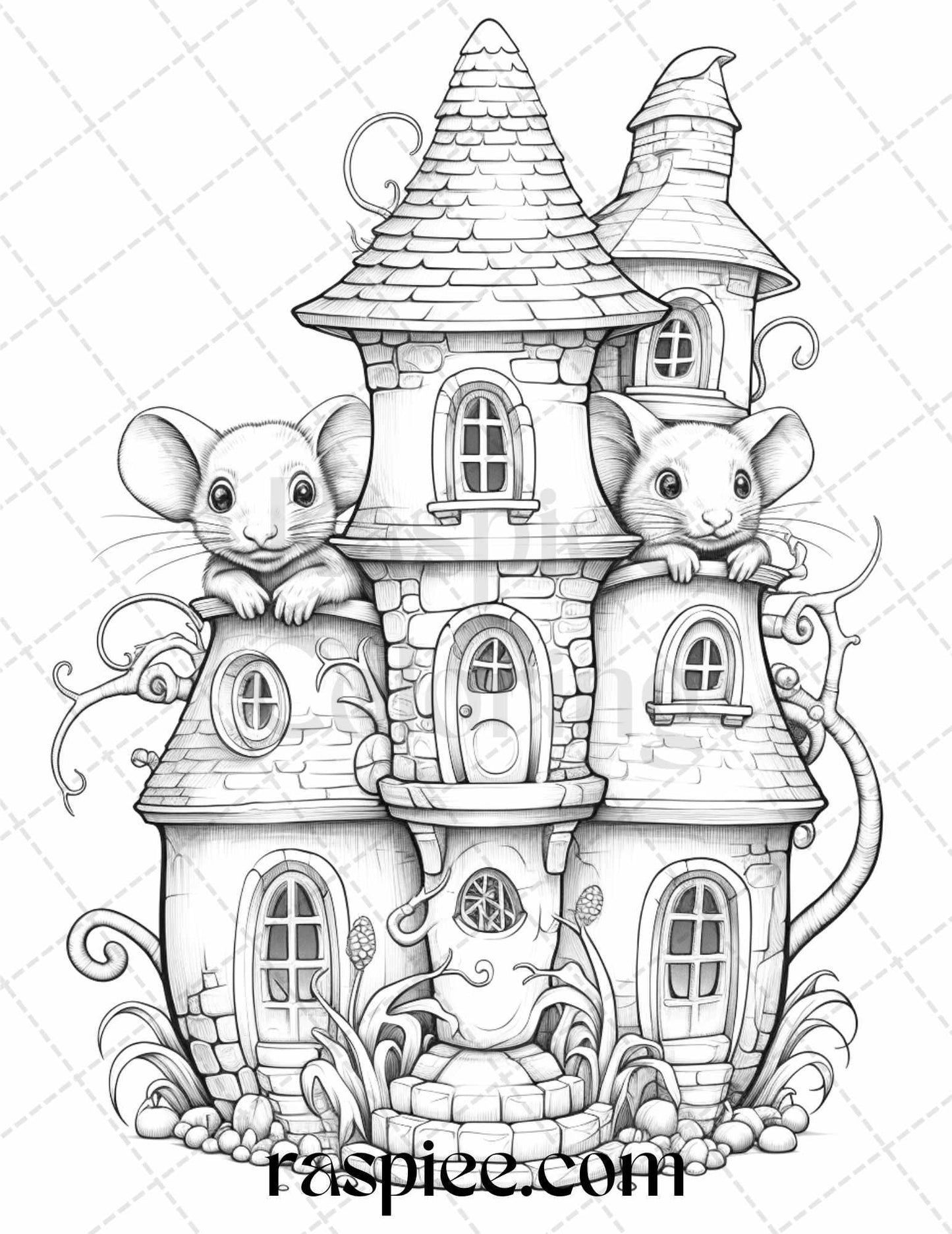 40 Magical Mouse Houses Grayscale Coloring Pages Printable for Adults, PDF File Instant Download