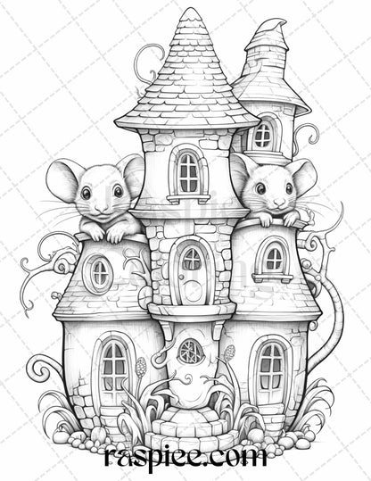 40 Magical Mouse Houses Grayscale Coloring Pages Printable for Adults, PDF File Instant Download