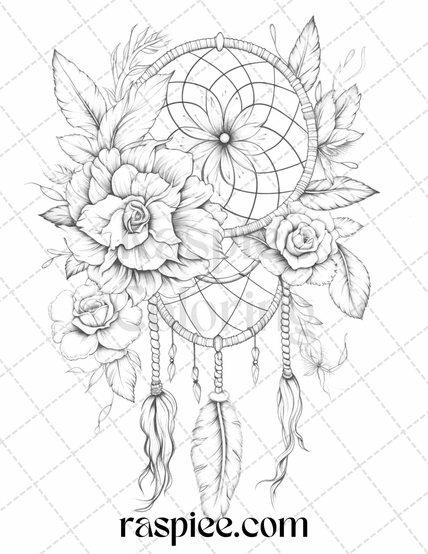 30 Flower Dreamcatcher Grayscale Coloring Pages Printable for Adults, PDF File Instant Download