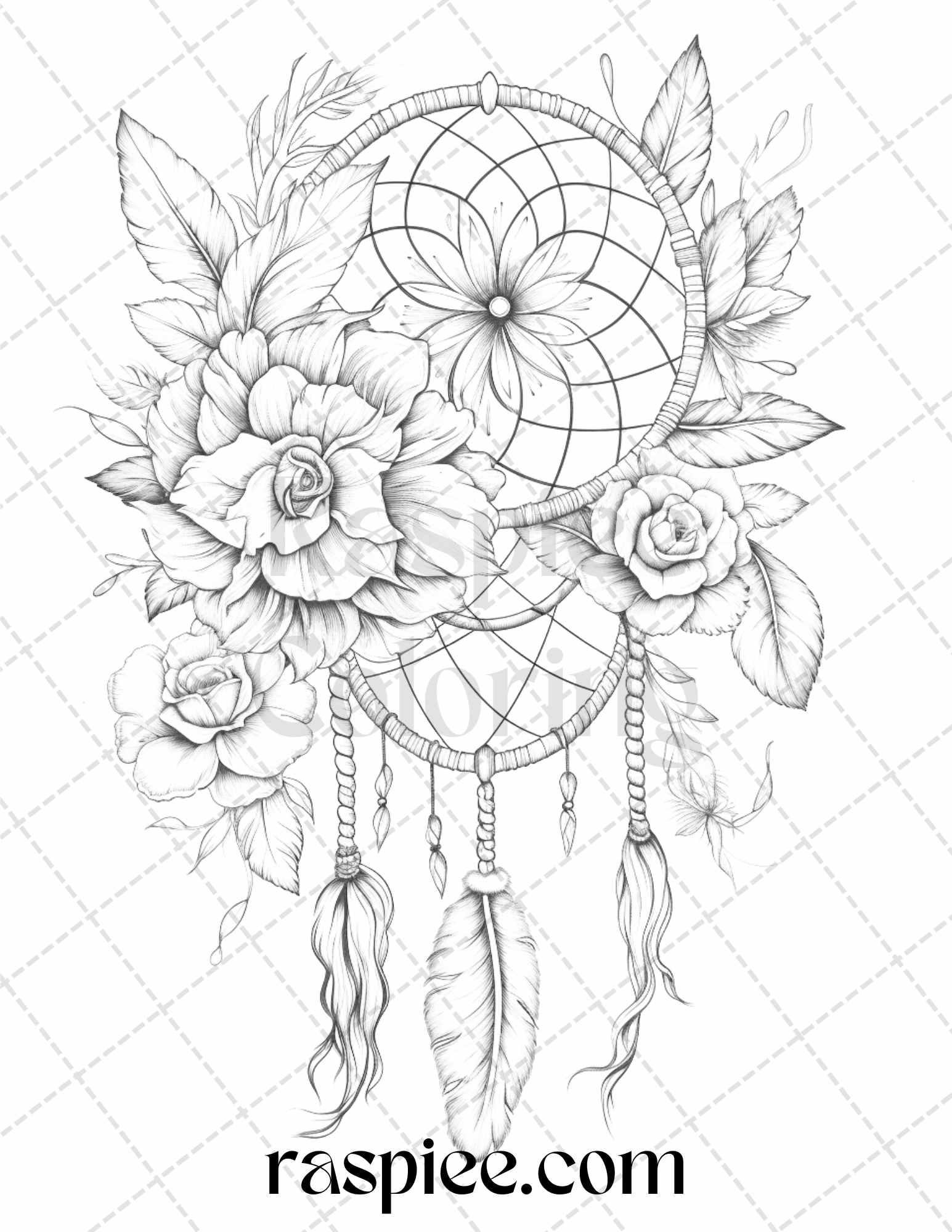 30 Flower Dreamcatcher Grayscale Coloring Pages Printable for Adults, PDF File Instant Download