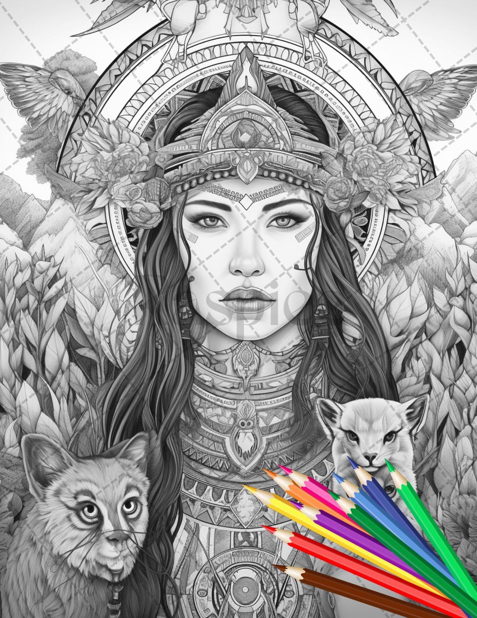 30 Native American Girls Printable Coloring Pages for Adult, Native American Culture Grayscale Coloring Book, Printable PDF File Download