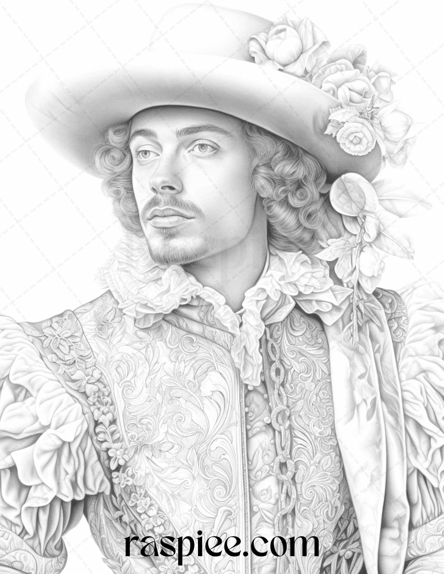 50 Baroque Man Portrait Grayscale Graysale Coloring Pages Printable for Adults, PDF File Instant Download