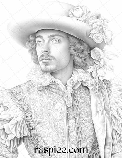 50 Baroque Man Portrait Grayscale Graysale Coloring Pages Printable for Adults, PDF File Instant Download