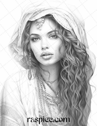 40 Beautiful Gypsy Girls Grayscale Coloring Pages Printable for Adults, PDF File Instant Download