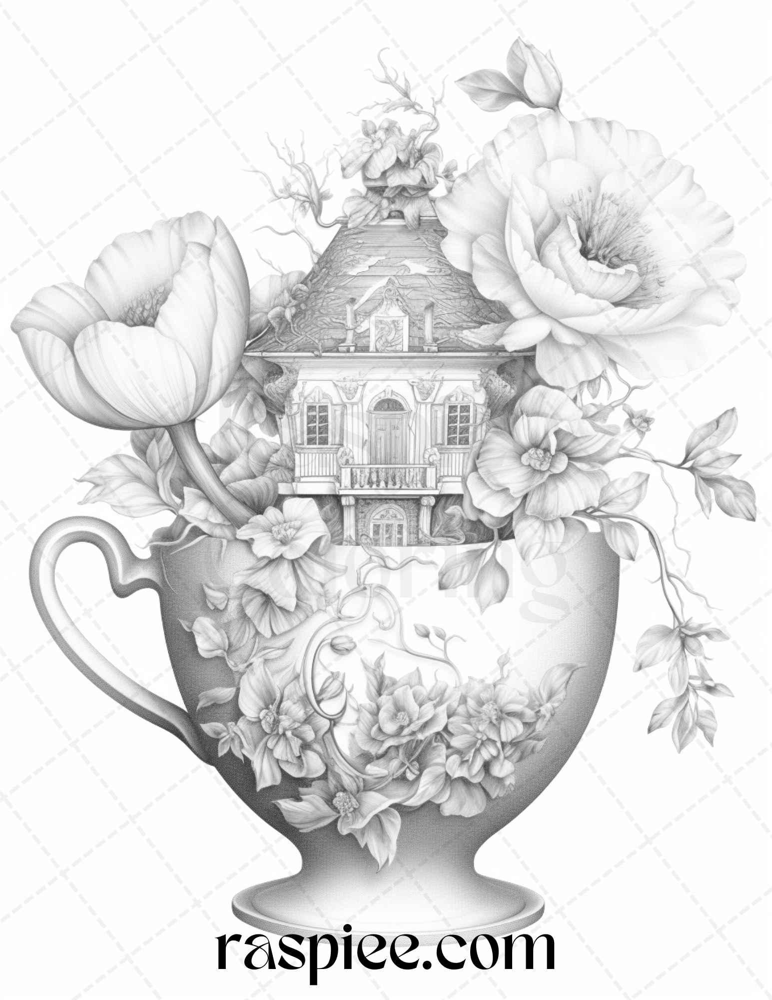 40 Flower Teacup Fairy Houses Grayscale Coloring Pages Printable for Adults, PDF File Instant Download