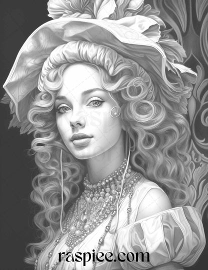 40 Baroque Women Portrait Grayscale Adult Coloring Pages Printable, PDF File Instant Download