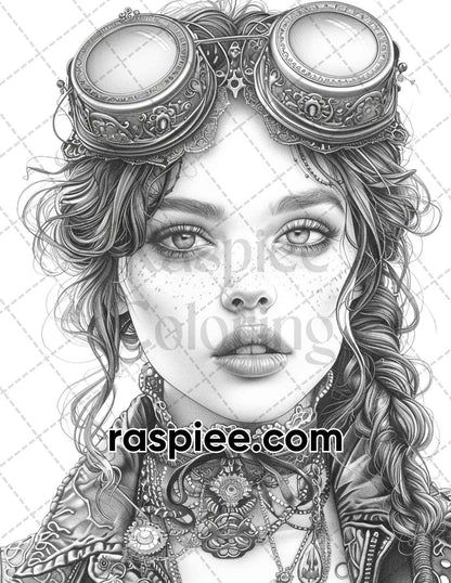 65 Gothic Steampunk Girls Grayscale Adult Coloring Pages, Printable PDF Instant Download