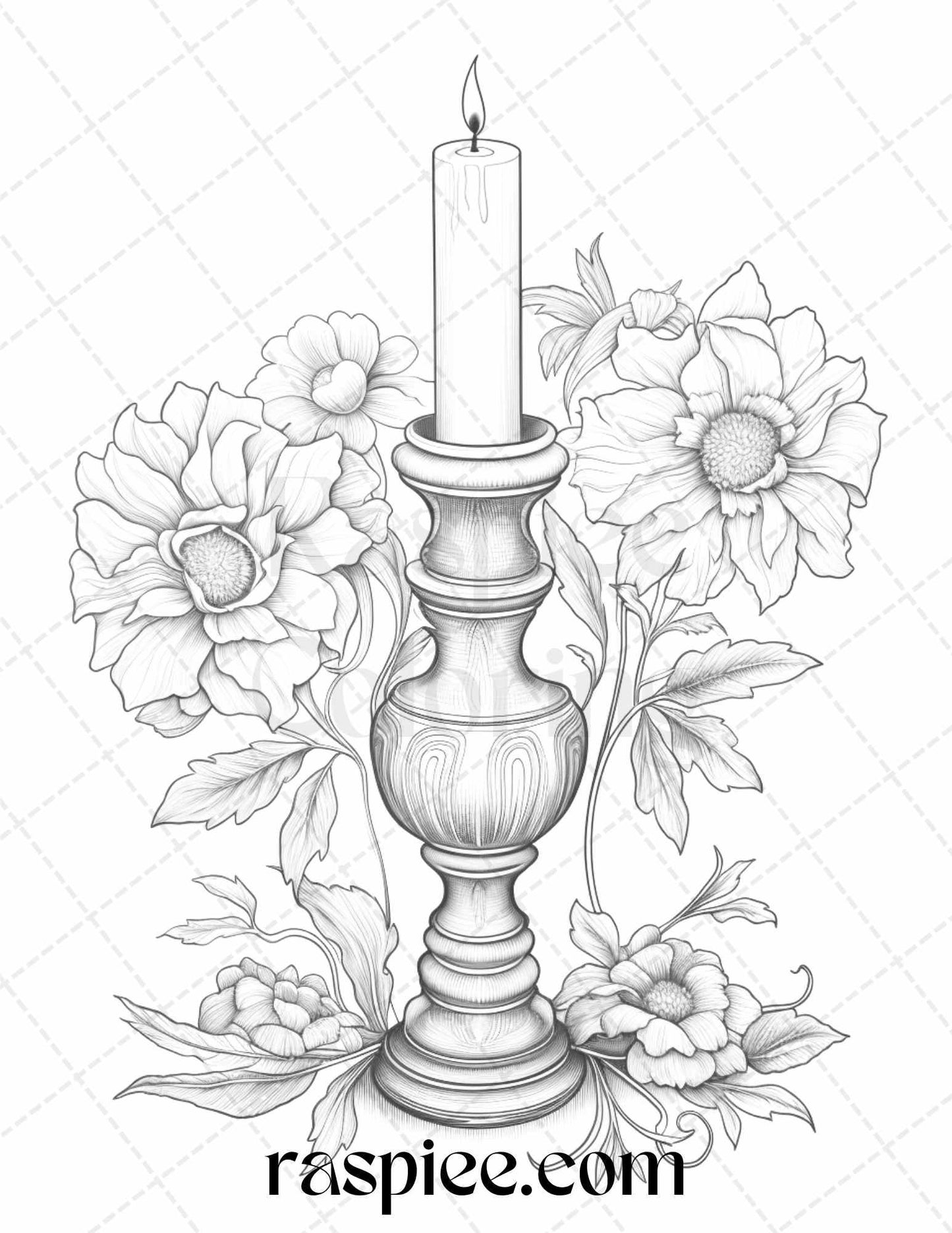 40 Flower Candles Grayscale Coloring Pages Printable for Adults, PDF File Instant Download