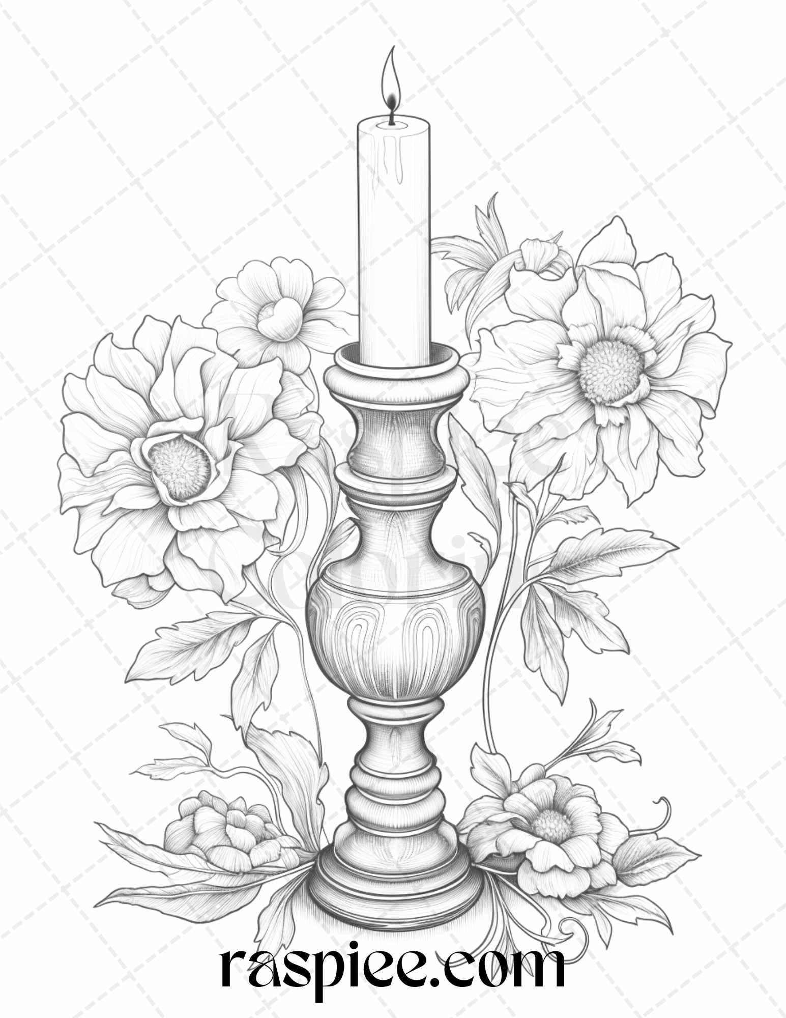 40 Flower Candles Grayscale Coloring Pages Printable for Adults, PDF File Instant Download