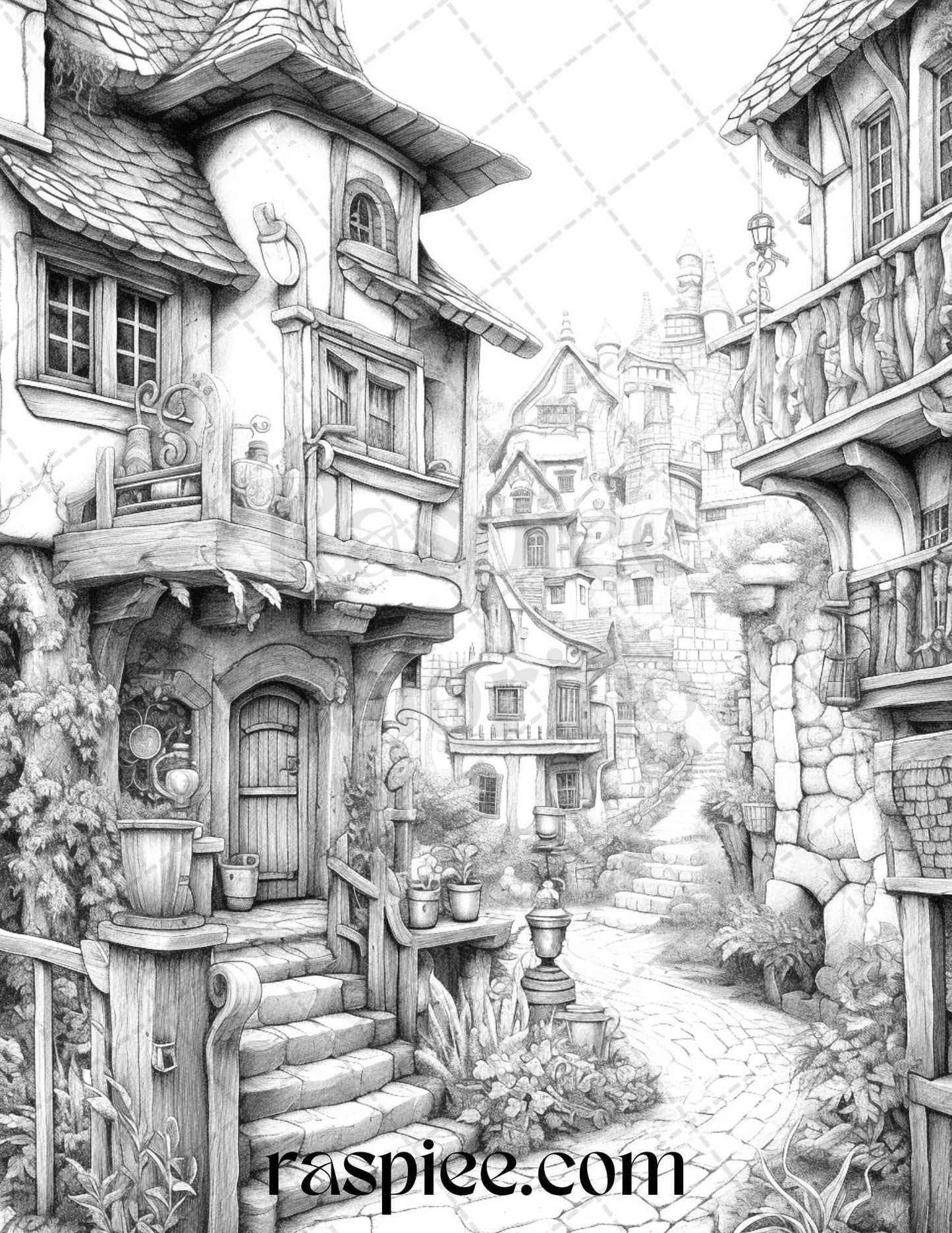 40 Fantasy Village Grayscale Coloring Pages Printable for Adults, PDF File Instant Download